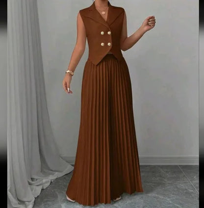 Women Fashion Solid Office Suit Casual Slim Button Two Piece Set Elegant Turn Down Collar Sleeveless Blazer&Pleat Pants Outfits