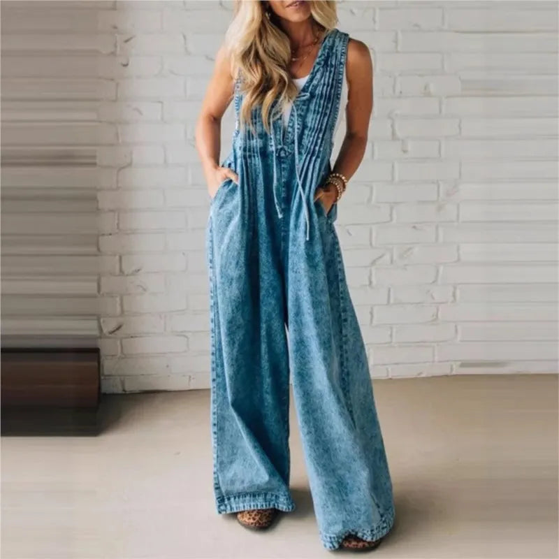 Fashion Casual Jumpsuit Women's 2025 Loose Sleeveless Solid color Pleated Lace-up One Piece Set Romper Pocket Playsuit（no Denim） Badiee Stylez