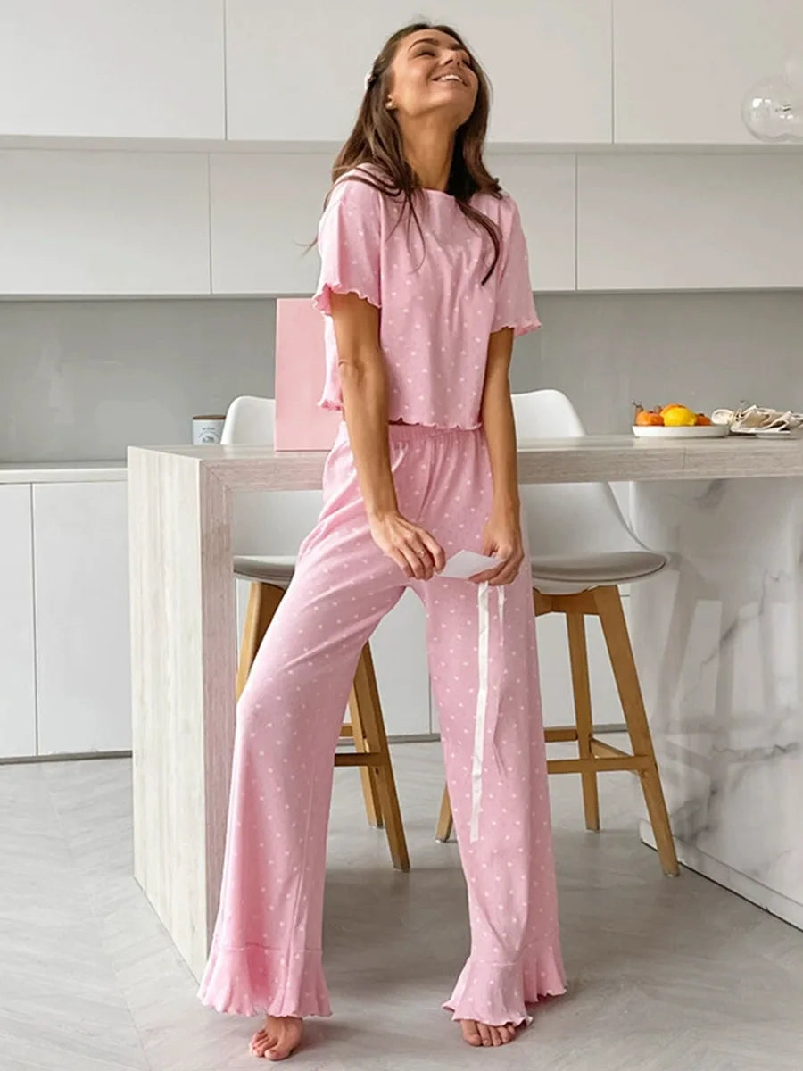 Muzuleva New Fashion Love-Printed Short-Sleeved Pants Pajama Set Women's Summer Pink Sleepwear Loose Casual 2-Piece Set
