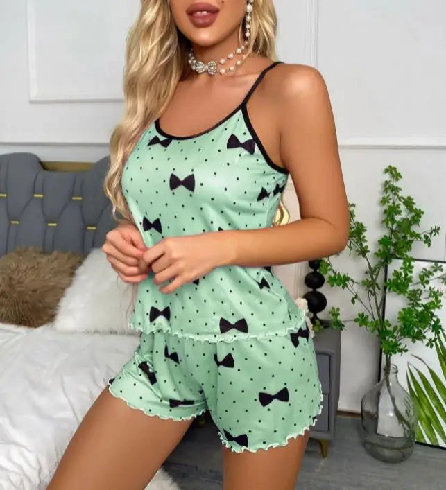 Womens Sexy Heart Print Pajama Set Cami Top Lettuce Trim Shorts Two Piece Sleepwear Loungewear Spaghetti Strap Contrast Trim