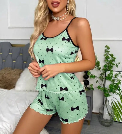 Womens Sexy Heart Print Pajama Set Cami Top Lettuce Trim Shorts Two Piece Sleepwear Loungewear Spaghetti Strap Contrast Trim