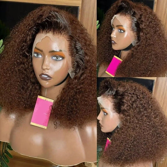 Chocolate Brown Short Curly Bob Wig Human Hair 13x4 Lace Front Wig 230% Density Brazilian Preplucked Curly Deep Wave Bob Wigs 13x4 Lace Wig