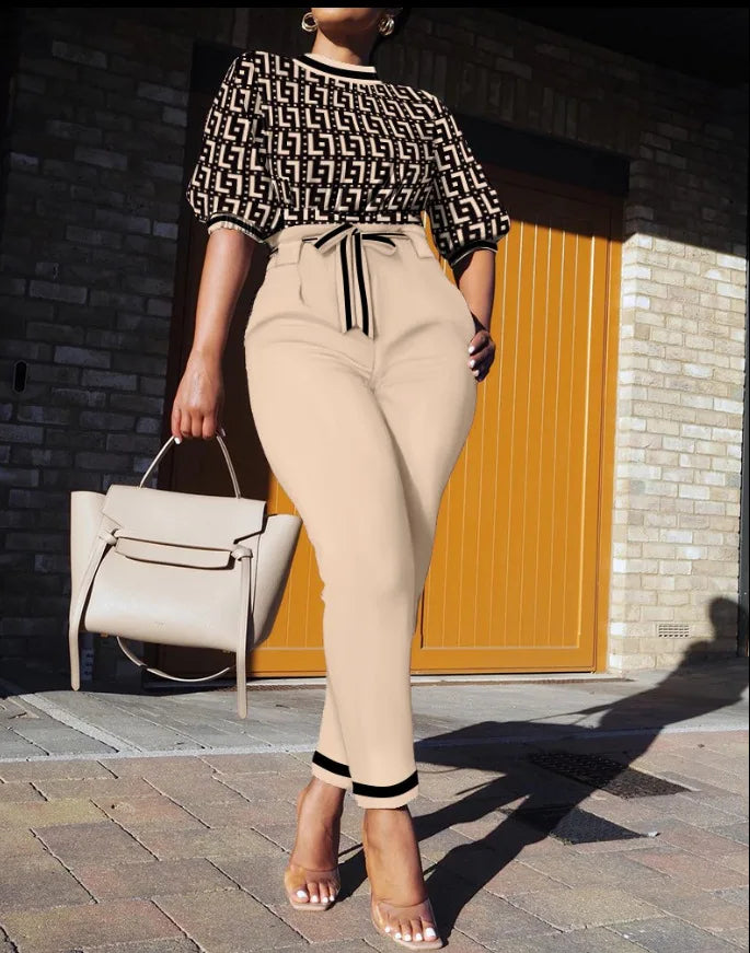 New Spring Autumn Trendy Street Trendy Seven Sleeve Fashion Printed Lace Up Waist Casual Pants Set For Women's Clothing