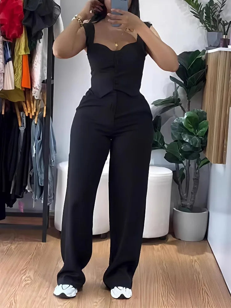 Chic Women Suit Y2k Sexy Two Piece Set Summer Sleeveless Slim Vest And Wide-leg Trouser Sets Elegant Solid Pants Women's Outfit black