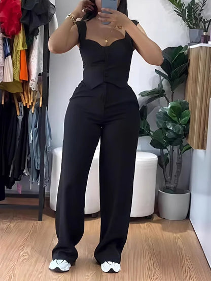 Chic Women Suit Y2k Sexy Two Piece Set Summer Sleeveless Slim Vest And Wide-leg Trouser Sets Elegant Solid Pants Women's Outfit black
