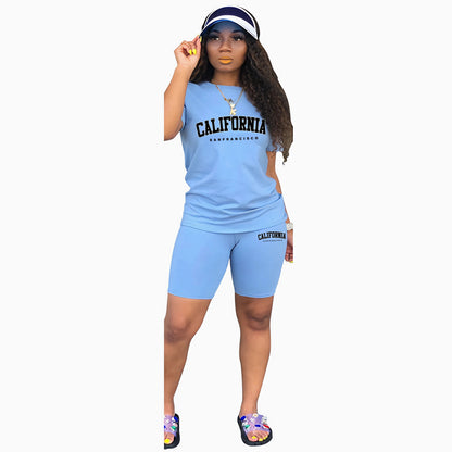 Womens Summer Tracksuit Print T-Shirt+Shorts 2 Piece Sets Fashion Sportswear Clothing Luxury Casual Jogging Short Sleeve Suit LightBlue