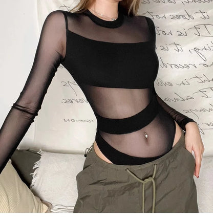 Spring Summer New Fashion Cut Cross Hollow Mesh Jumpsuit Long-Sleeved Thin O Neck Diagonal Black Charming Bodysuit Clubwear