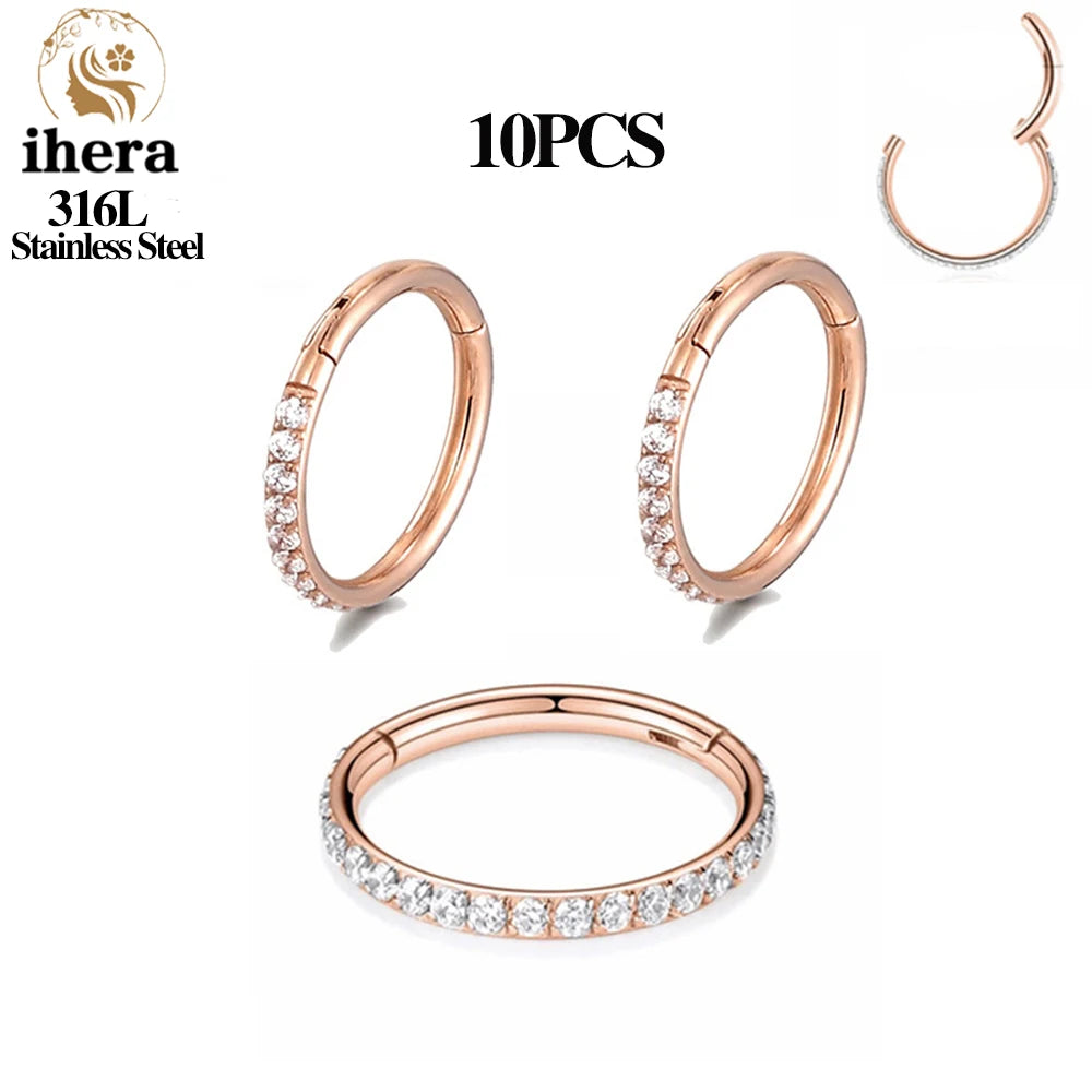 316L Stainless Steel Zircon CZ Hinged Segment Nose Septum Clicker Ring Round Earrings Hoops Ear Tragus Helix Piercing Jewelry 10PC Rose Gold Color CHINA