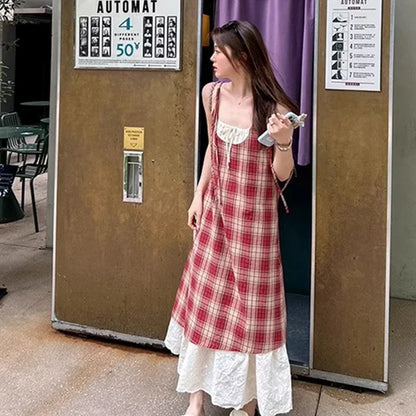 Women Plaid Fake Two Piece Suspender Dress Women Summer Retro Loose Long Lace Patchwork Plaid Sleeveless Dress for Women 2025