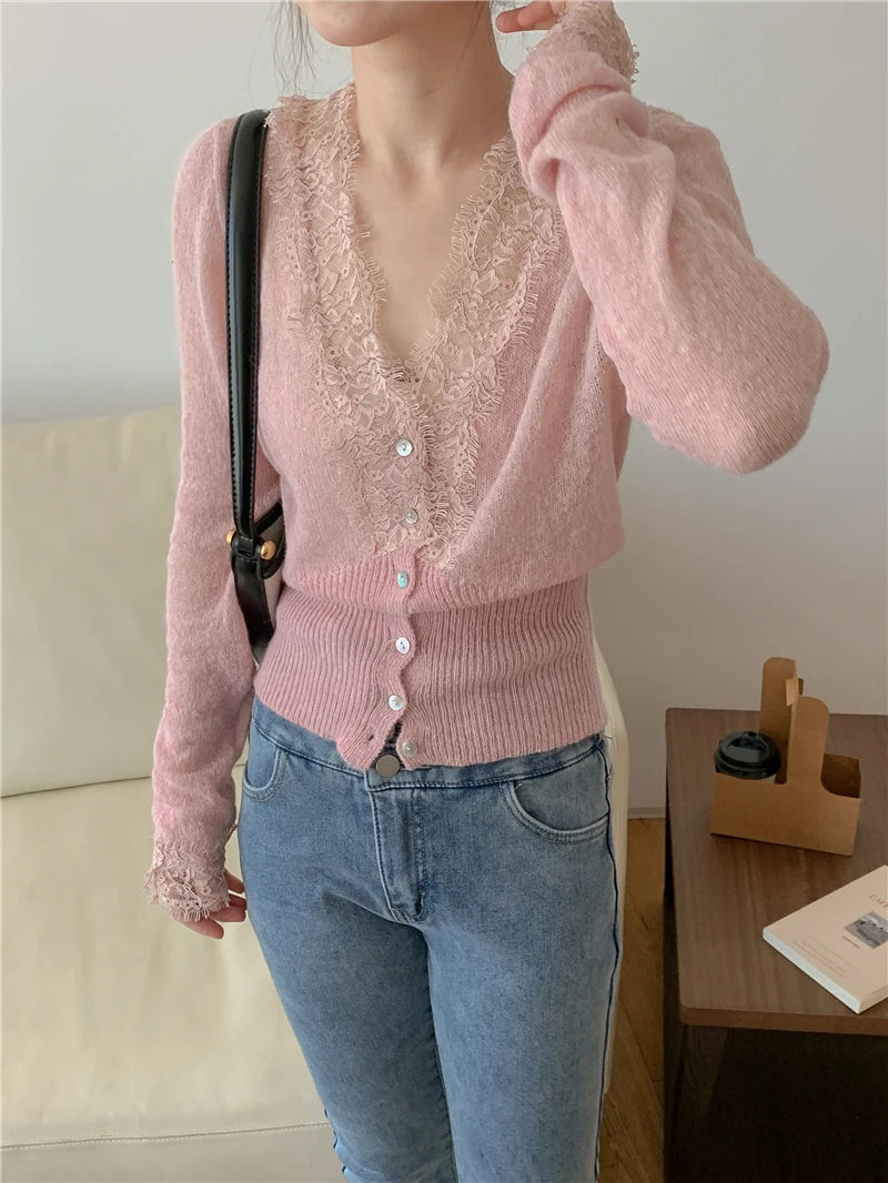 High-fashion Kawaii Botton Up Lace Patchwork Knitted Cardigan Women Autumn Winter Ladies Elegant Vintage Sweater Cheap Wholesale