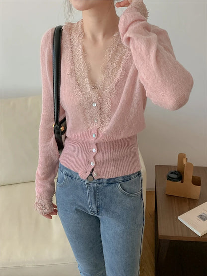 High-fashion Kawaii Botton Up Lace Patchwork Knitted Cardigan Women Autumn Winter Ladies Elegant Vintage Sweater Cheap Wholesale