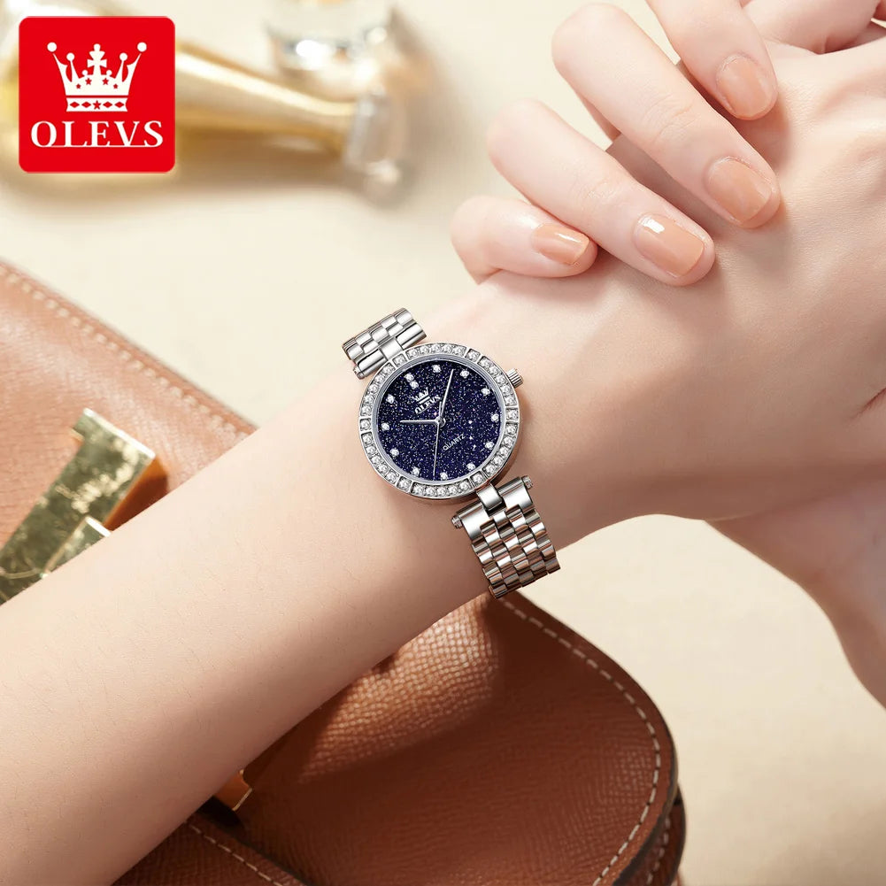 OLEVS 3641 Womens Watch Original Elegant Quartz Watch Waterproof Luminous Stainless Steel Starry Dial Ladies Watch With Box Gift