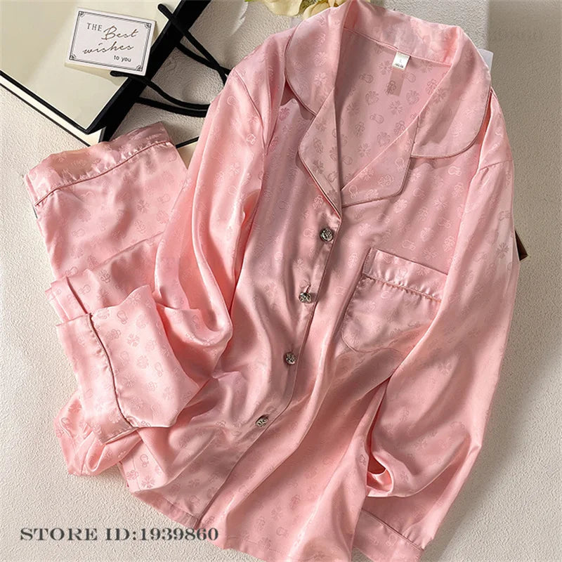 Women Long Sleeve Pajamas 2PCS Set Spring Summer New Sleepwear Loungewear Fashion Stripes Pyjama Pour Femme Loose Satin Homewear Pink Pajamas 7