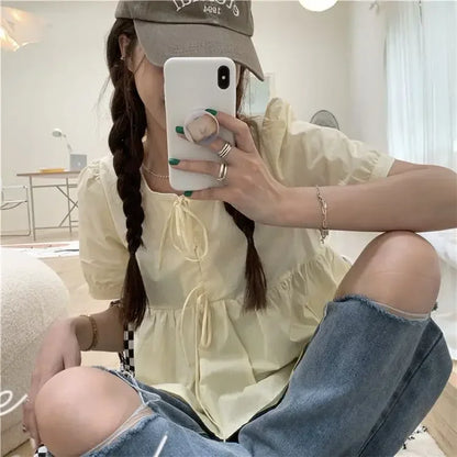 Ruffles Shirts and Blouses Korea Short Sleeve Top Women 2024 Summer Lace-up Sweet Blouses Cute Elegant Solid Sweet Folds Clothes Yellow