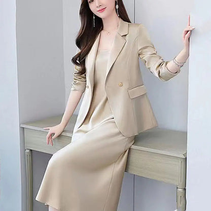 2Pcs/Set Summer Women Suit Dress Outfit Solid Color Mid-length Lady Dress Sets Light Luxury Commute Sling Dress Coat Set