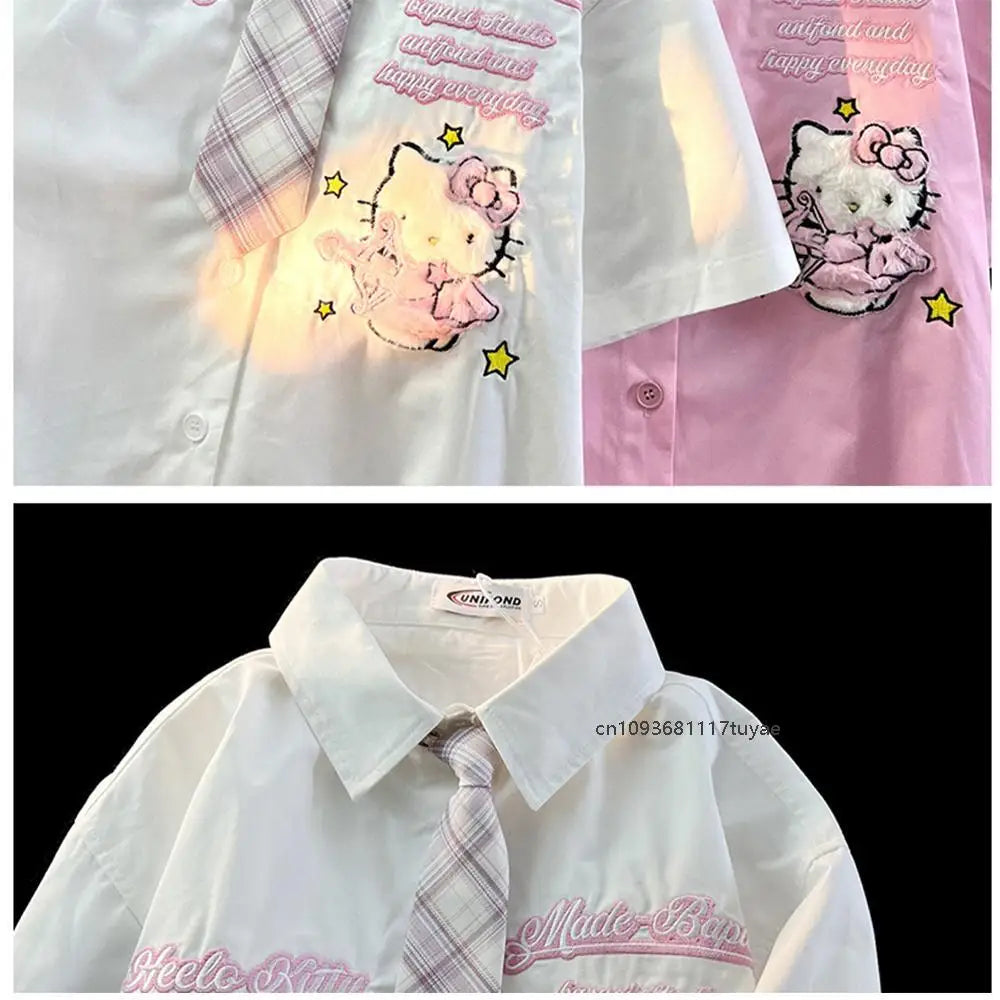 Hello Kitty Cute Short Sleeve Polo Shirts Women Sanrio Designer College Style Summer Blouse Korean Clothes Y2k New Fashion Tops