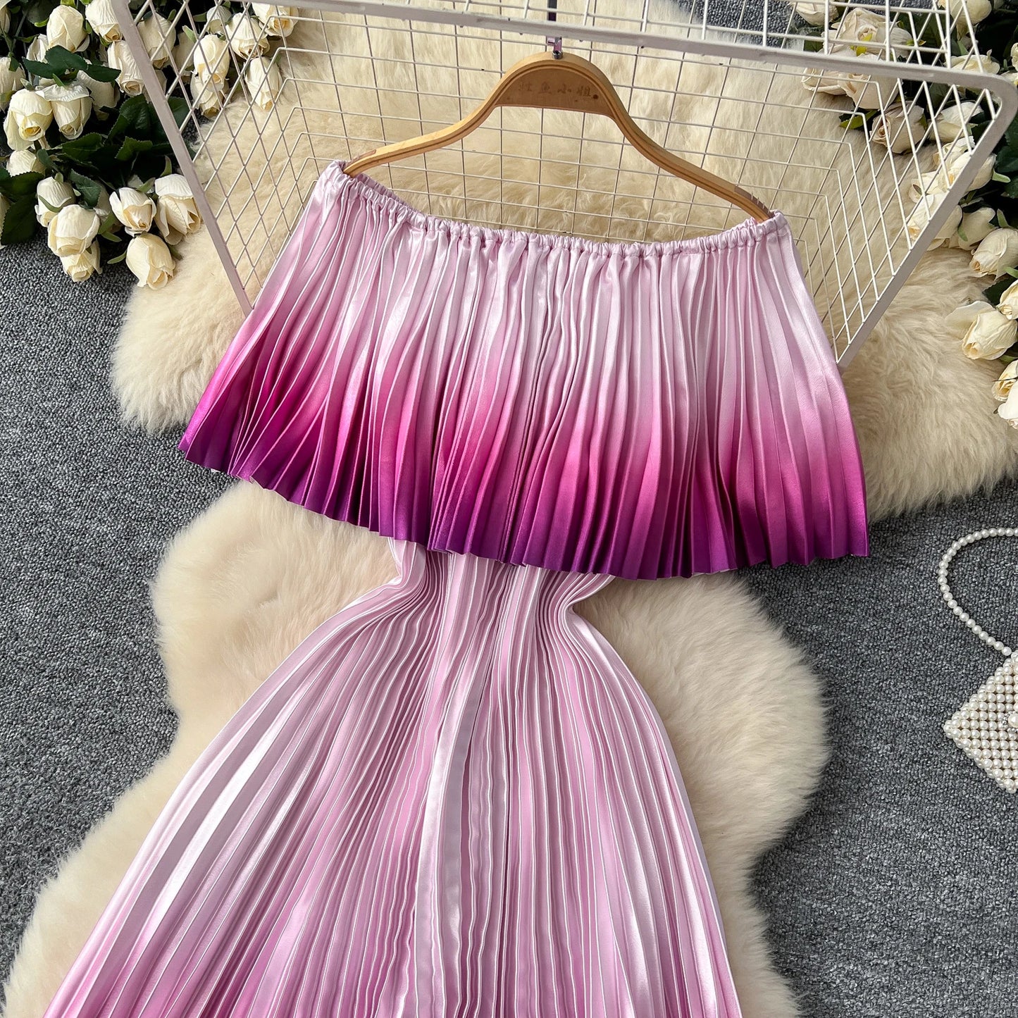 SINGREINY 2025 Gradient Party Long Dress Female Off Shoulder Elastic Waist A Line Sundress Vacation Luxury Pleated Maxi Dresses