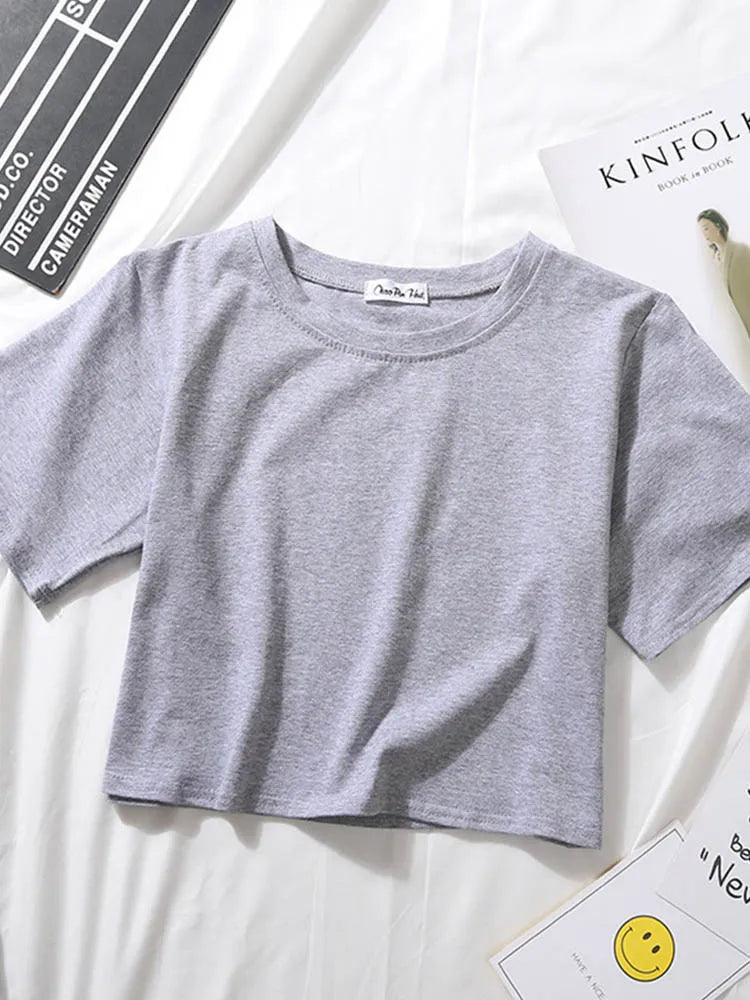 Summer Short Sleeve T Shirts Women Cotton Solid T-shirt O Neck High Waist Crop Top Tee Female Casual Loose T Shirt Badiee Stylez