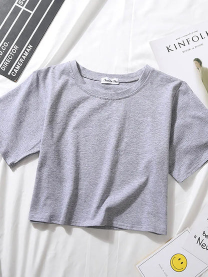 Summer Short Sleeve T Shirts Women Cotton Solid T-shirt O Neck High Waist Crop Top Tee Female Casual Loose T Shirt Badiee Stylez