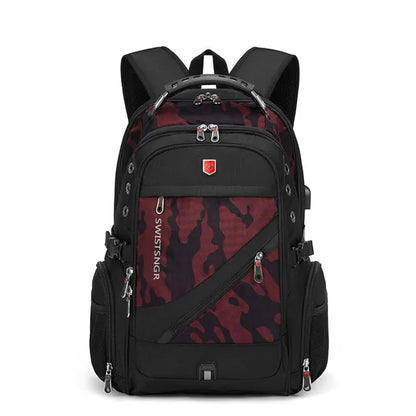 Waterproof 15.6/17.3 Inch Laptop Backpack Men USB Charging Swiss Backpack Travel Women Rucksack Male Vintage School Bag Mochila Camouflage red