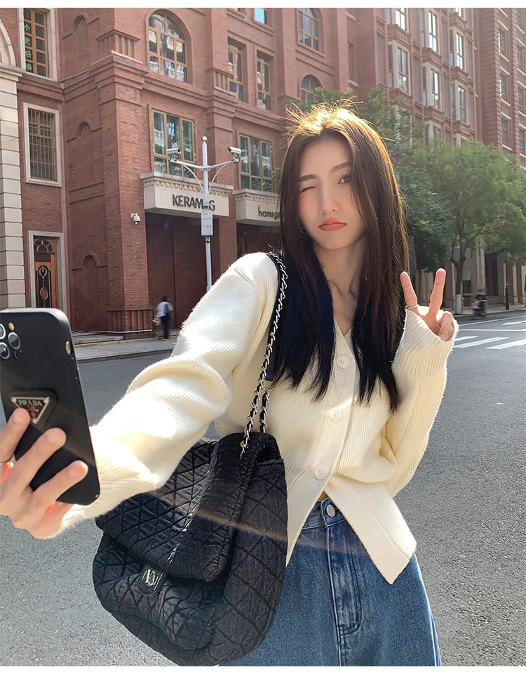 AOSSVIAO Knitted Casual Cardigan 2025 Autumn Winter Elegance Solid Color V-neck Sweater Unique and Niche Slim Fit Tops Badiee Stylez