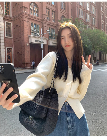 AOSSVIAO Knitted Casual Cardigan 2025 Autumn Winter Elegance Solid Color V-neck Sweater Unique and Niche Slim Fit Tops Badiee Stylez