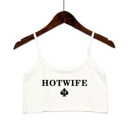 HOT WIFE Letters Print Female Sexy Crop Top Fashion Women's Sexy Elastic Cotton Camis Sleeveless Short Girls Tank Top Bar Women White 3