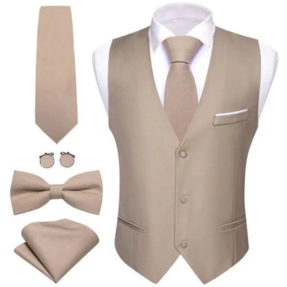 Luxury Vest for Men Gold Solid Silk Satin Waistcoat Bowtie Tie Set Sleeveless Jacket Wedding Formal Male Gilet Suit Barry Wang 2429