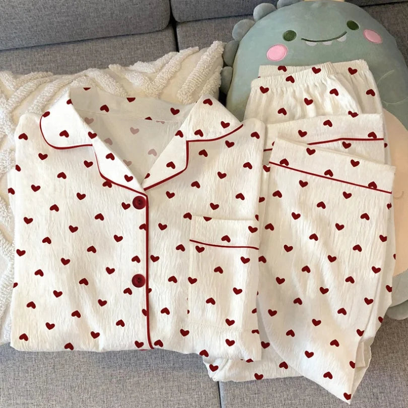 Spring and Autumn New Women's Pajamas Homewear Set Girls Gentle Wind Love Cardigan Pajamas Wrinkled Cloth Homewear Long-Sleeved