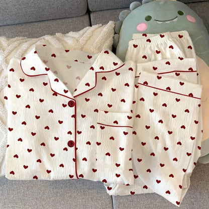 Spring and Autumn New Women's Pajamas Homewear Set Girls Gentle Wind Love Cardigan Pajamas Wrinkled Cloth Homewear Long-Sleeved