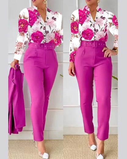 Women's Shirt 2 Pieces Suit Set 2024 Fall Print V Neck Long Sleeve Top Casual High Waist Pockets Work Female Clothes Pants Set