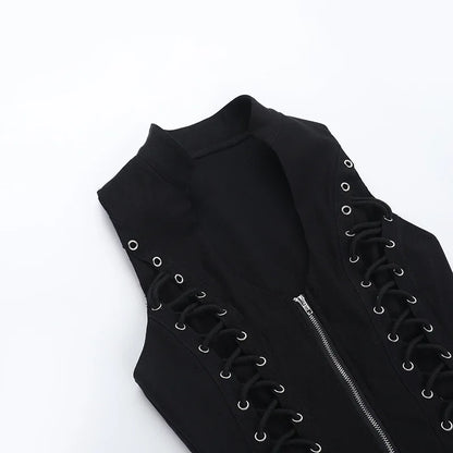 Goth Dark Punk Sleeveless Corn Bandage Tanks Top Women Chic Streetwear Slim Zip Vest Mall Gothic Techwear Summer Fashion T-shirt