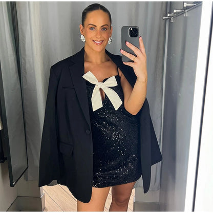 Sexy Sequins Short Black Party Dresses for Women Halter V Neck Backless Sparkly Ruffles Woman Mini Dress 2025 New Club Gowns