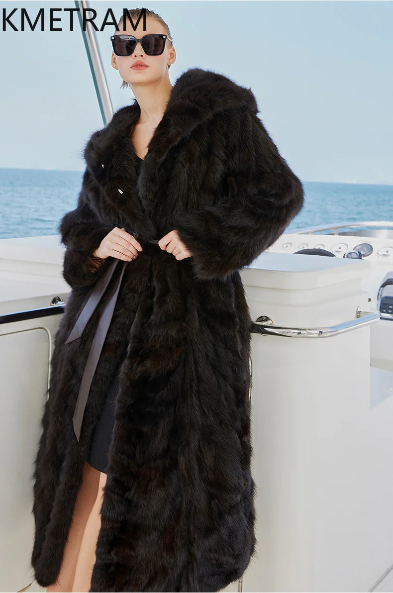 100% Natural Sable Fur Jacket Woman High Quality Long Real Fur Coat with Hood Winter Coats Women Clothing 2025 шуба женская Badiee Stylez