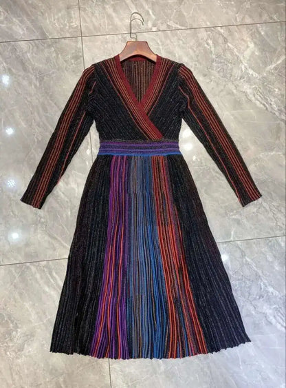 QMQA Fashion Women's Gradient Stripes Design Dresses V Neck High Waist Long Sleeve Elegant Party Dress Female Spring New 1A116 Badiee Stylez