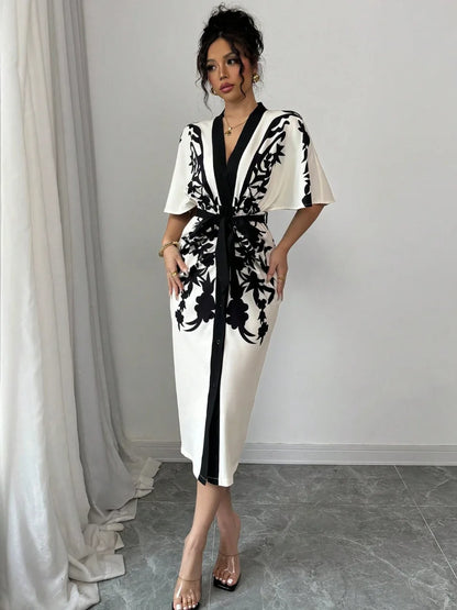 Women's elegant temperament V-neck A-line party dress 2025 new half sleeved printed lace up waist dress