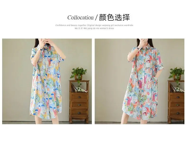 Fashionable Cartoon Printed Short-sleeved Shirt Skirt for Women in Summer Loose Dress