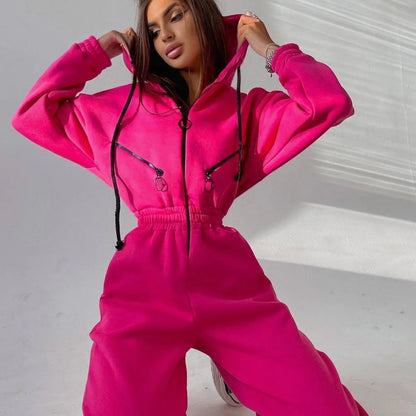 Autumn Women's Monochrome Long-Sleeved Jumpsuit Solid Color Zip-up Sportswear Female Winter Casual Tracksuit Fashionable Hoodies Badiee Stylez