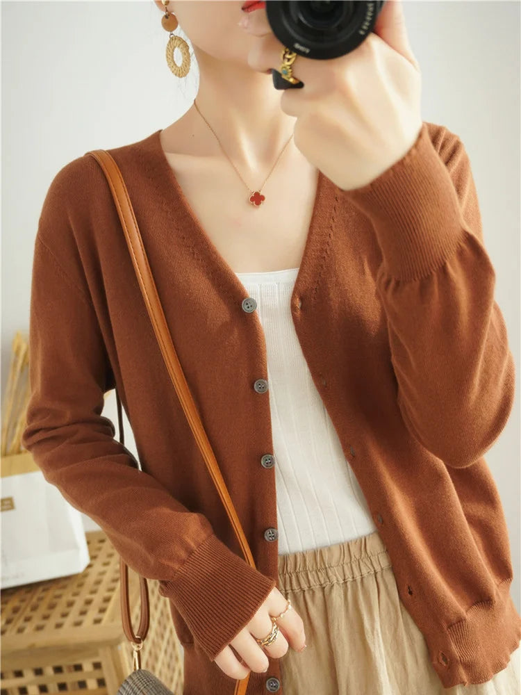 100% Cotton Line Long Sleeve V-Neck Knitted Cardigan Women Loose Short Solid Color Simple Sun Protection SMY K61