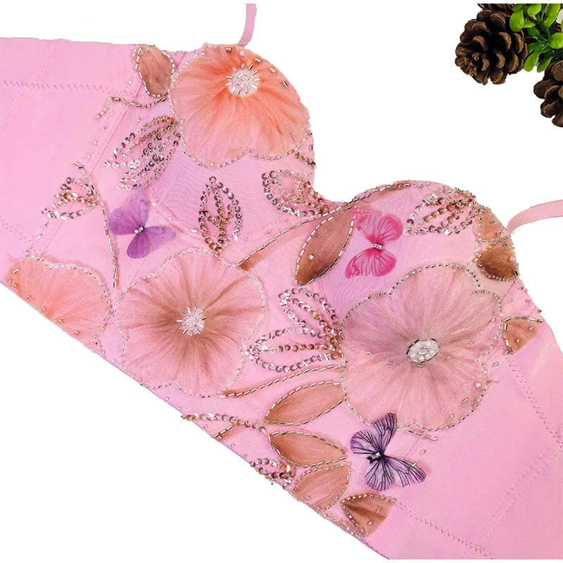 Flower Embroidery Bead Fish Bone Suspender Women Bra Sexy Exposed Waist Metal Buckle Top Party Vacation Female Tops 2025 Summer