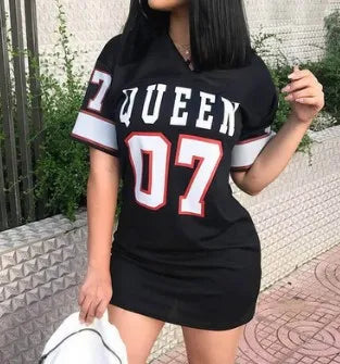 Fashion V-Neck Queen Letters Print Dress Short Sleeve Basketball Sporty Style Sexy Loose Female Clothing Streetwear Loungewear black 145-170