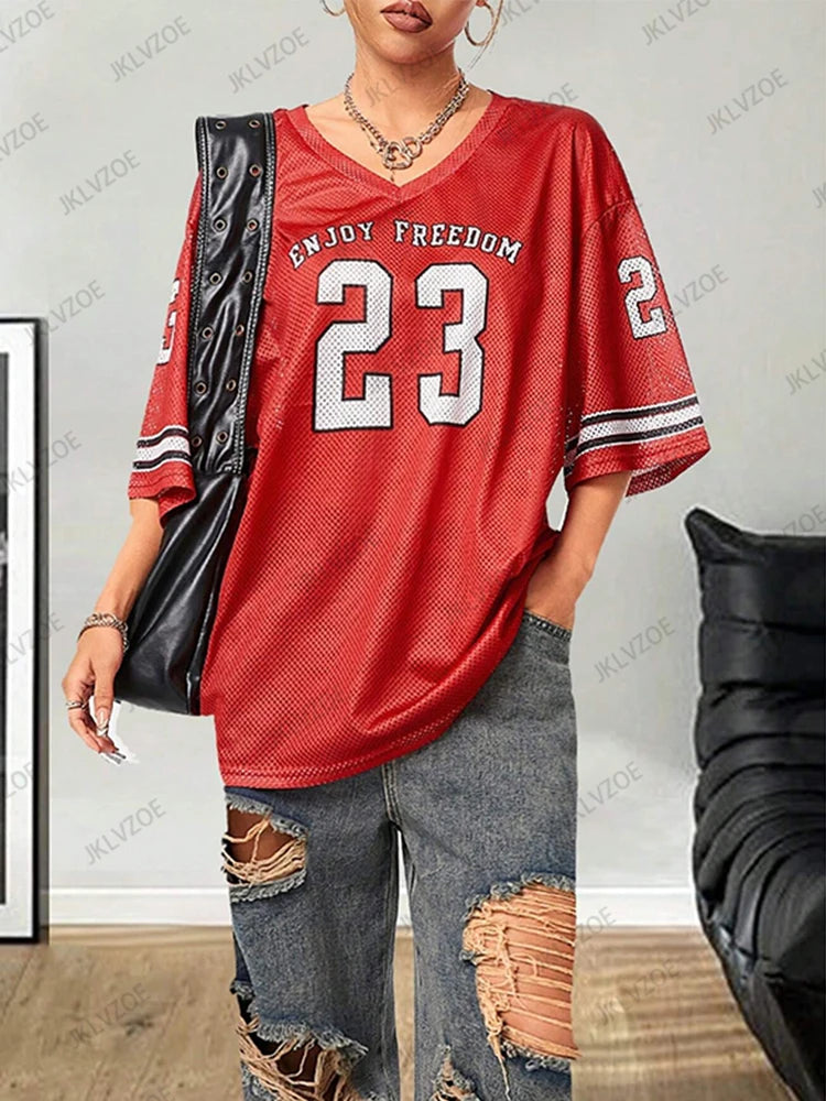 Summer New Black Enjoy Freedom 23 Print T-Shirt For Women V-Neck Short Sleeve Mesh Sports Football Jersey Y2K Oversized Tops TZ1127325