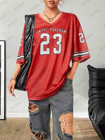 Summer New Black Enjoy Freedom 23 Print T-Shirt For Women V-Neck Short Sleeve Mesh Sports Football Jersey Y2K Oversized Tops TZ1127325