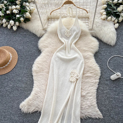 SINGREINY Halter 3D Floral Maxi Sundress Women Sleeveless Bodycon Elastic Beach Dress Vacation Knitted Split Sexy Long Dress