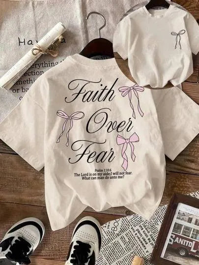Pink Bow Faith Over Fear Printed Women Tee Shirts All-Match Cotton T-Shirt Casual O-Neck Clothes Hip Hop Y2K Short Sleeve Khaki
