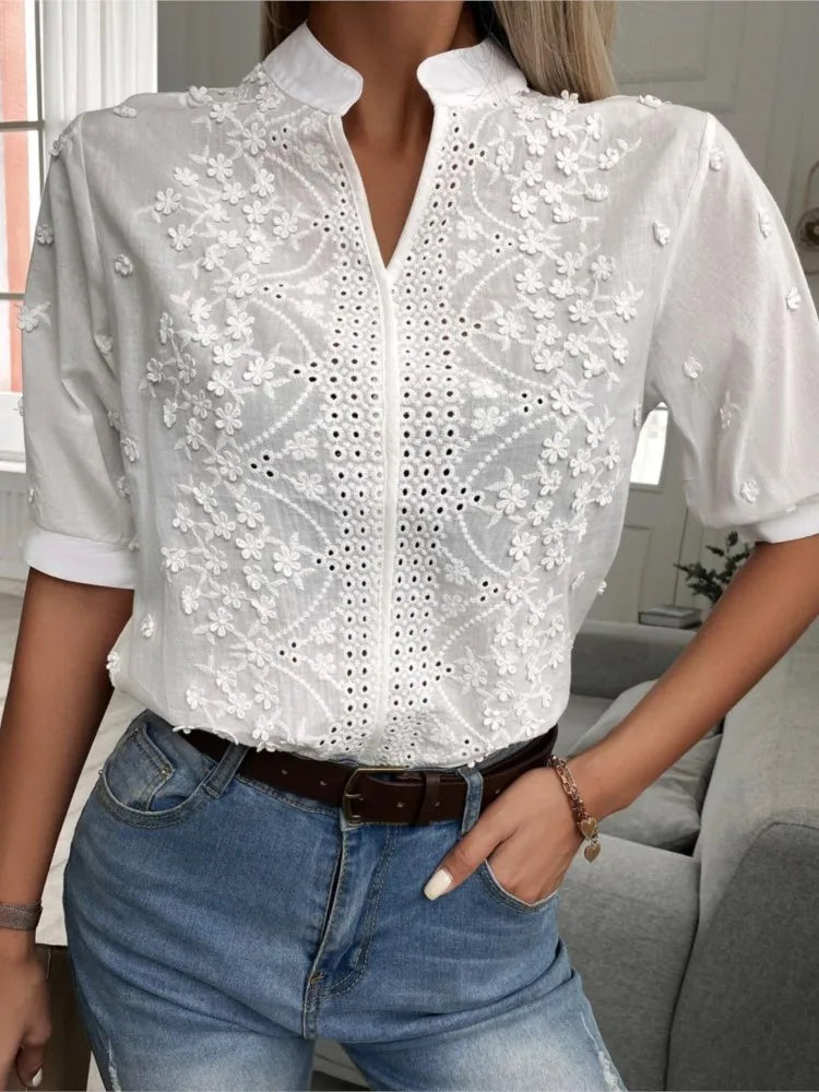Summer Women's White Top Blouse New Fashion Elegnat V Neck Short Sleeve Casual Office Party Tops Shirts Female Lace Shirt