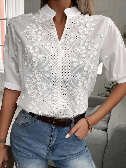 Summer Women's White Top Blouse New Fashion Elegnat V Neck Short Sleeve Casual Office Party Tops Shirts Female Lace Shirt