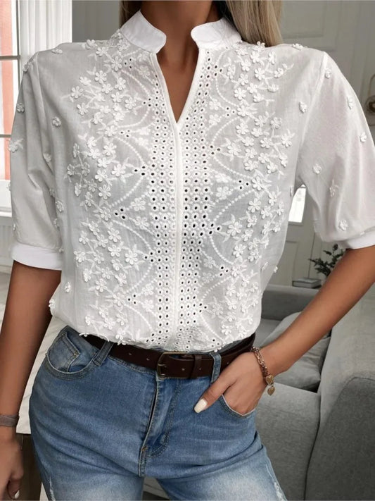 Summer Women's White Top Blouse New Fashion Elegnat V Neck Short Sleeve Casual Office Party Tops Shirts Female Lace Shirt