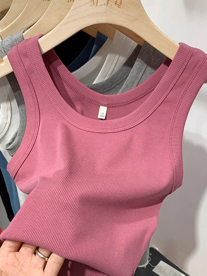 2025 Summer Women Sleeveless Tank Tops Fashion Crop Top O-neck Fitness Knitted Ribbed Vest Female Solid Camis Cropped Streetwear Pink