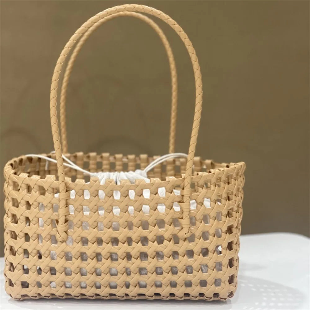 Plastic Hollow Weave Bag Countryside Style Bohemian Style Beach Tote Bag Large Capacity Bucket Bag Vegetable Basket Bag